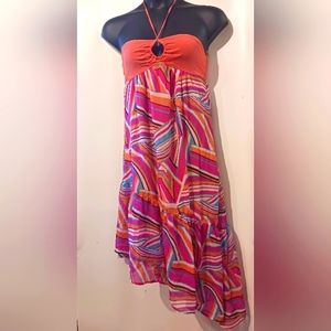 Flying Tomato Orange & Pink Hi/Lo Halter Maxi Flowy Spring/Summer Dress Small
